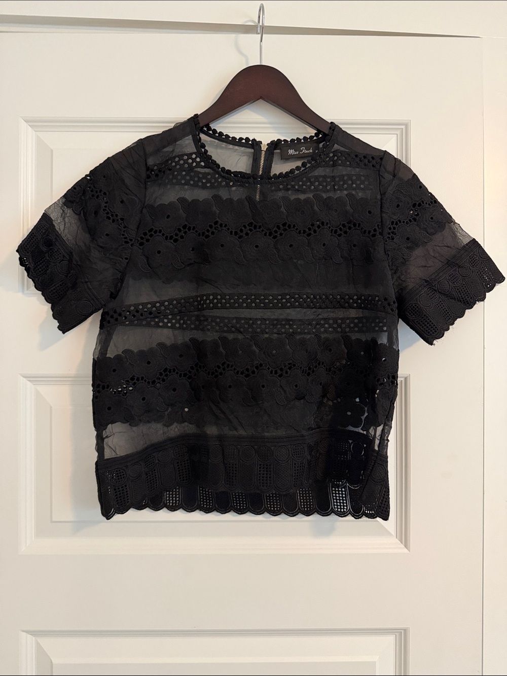 Miss French Black Floral Lace Short Sleeve Blouse